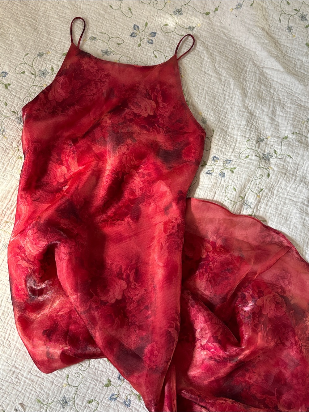 Vintage Red Floral Sheer Layered Slip Dress Algo Petite 8 Romantic